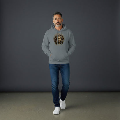 Omina Graphic Medusa Hoodie Sweatshirt in heather grey, featuring a metallic gold Medusa graphic. Relaxed fit with drawstring hood and kangaroo pocket.