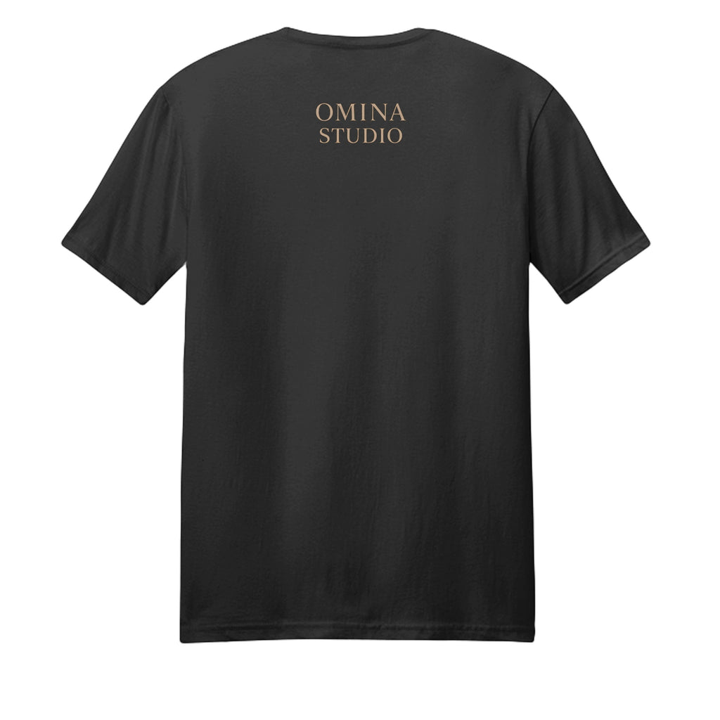 Omina black cotton t-shirt with 'OMINA STUDIO' graphic print on back. Short sleeves, crew neck.