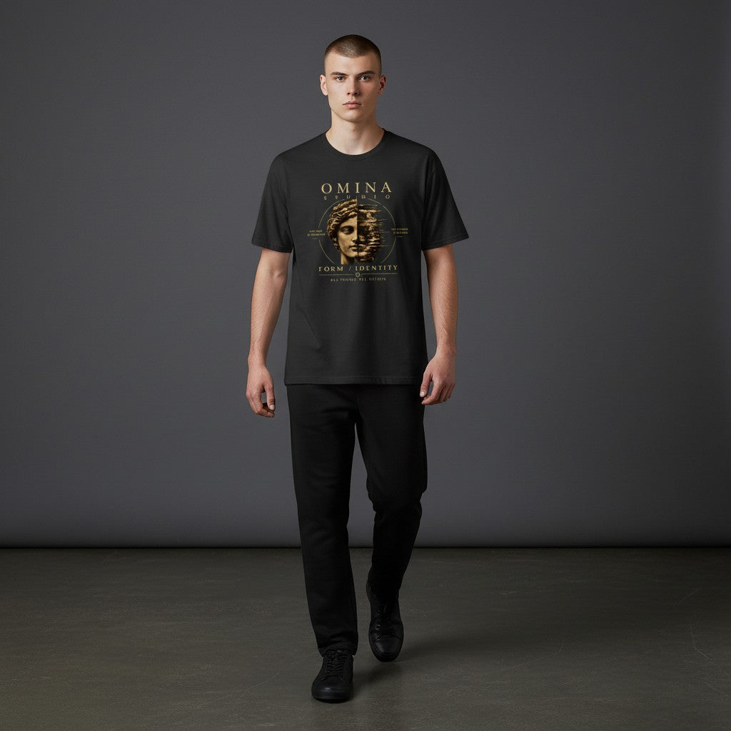 Omina black cotton t-shirt with a graphic print of a classical bust split in half, with text "FORM / IDENTITY".