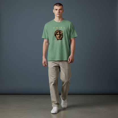 Omina Studio graphic t-shirt in heathered green cotton featuring a split classical bust graphic with text.