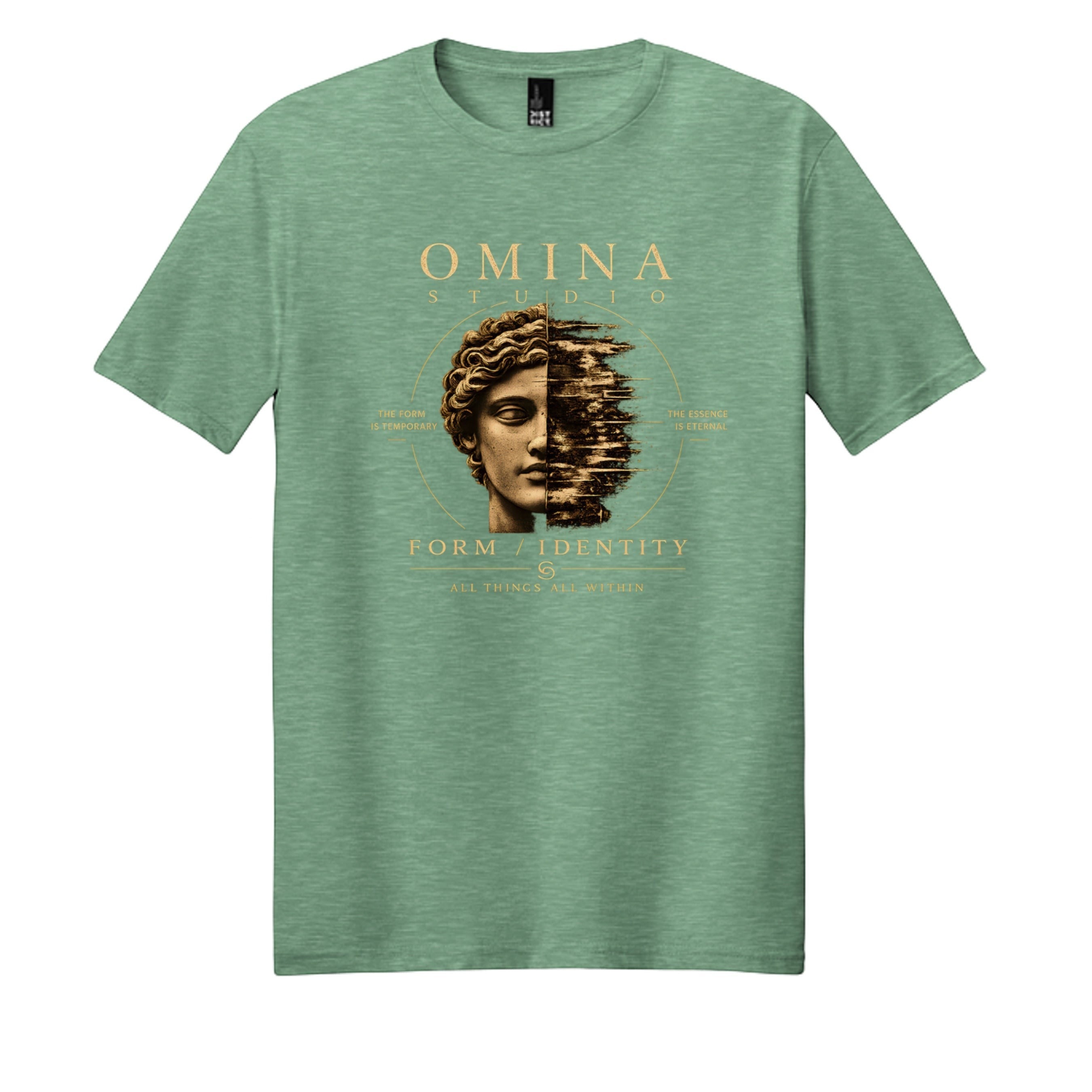 Omina Studio graphic t-shirt in heathered green, featuring a distressed classical bust graphic with text.