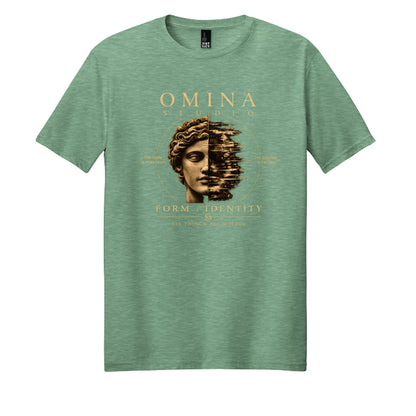 Omina Studio graphic t-shirt in heathered green, featuring a distressed classical bust graphic with text.