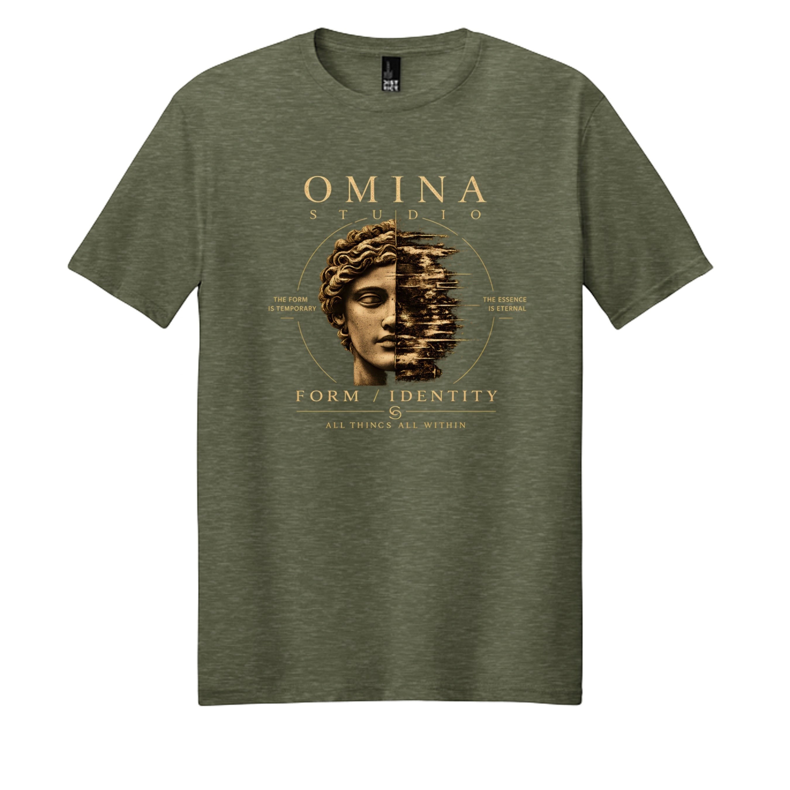Omina Form Identity Graphic T-Shirt in olive green cotton with a classical bust graphic.