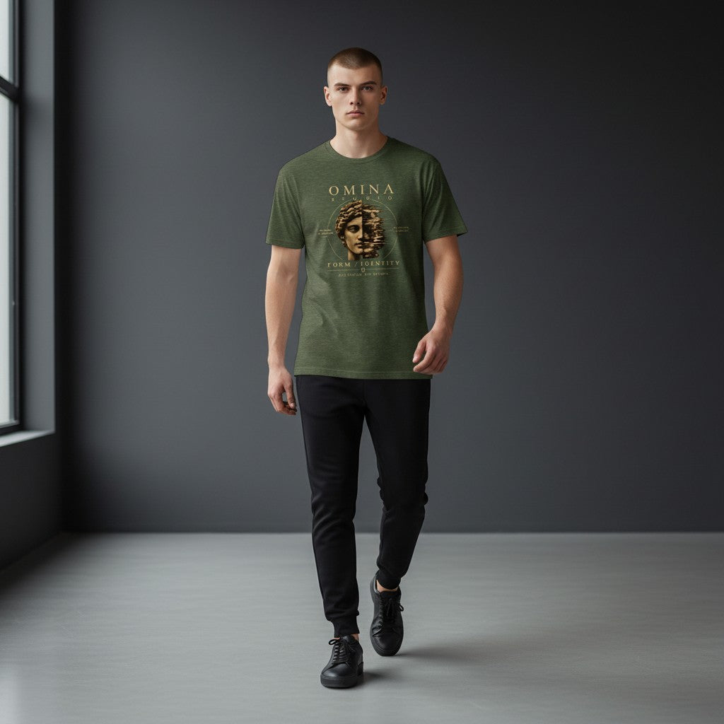Omina Form Identity Graphic T-Shirt in olive green cotton with a distressed classical bust graphic.