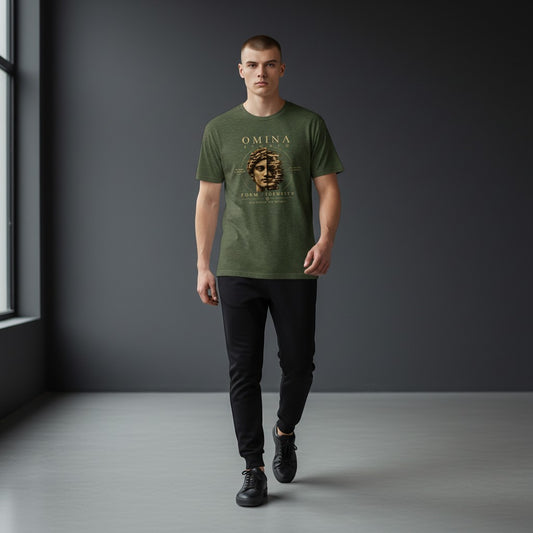 Omina Form Identity Graphic T-Shirt in olive green cotton with a distressed classical bust graphic.