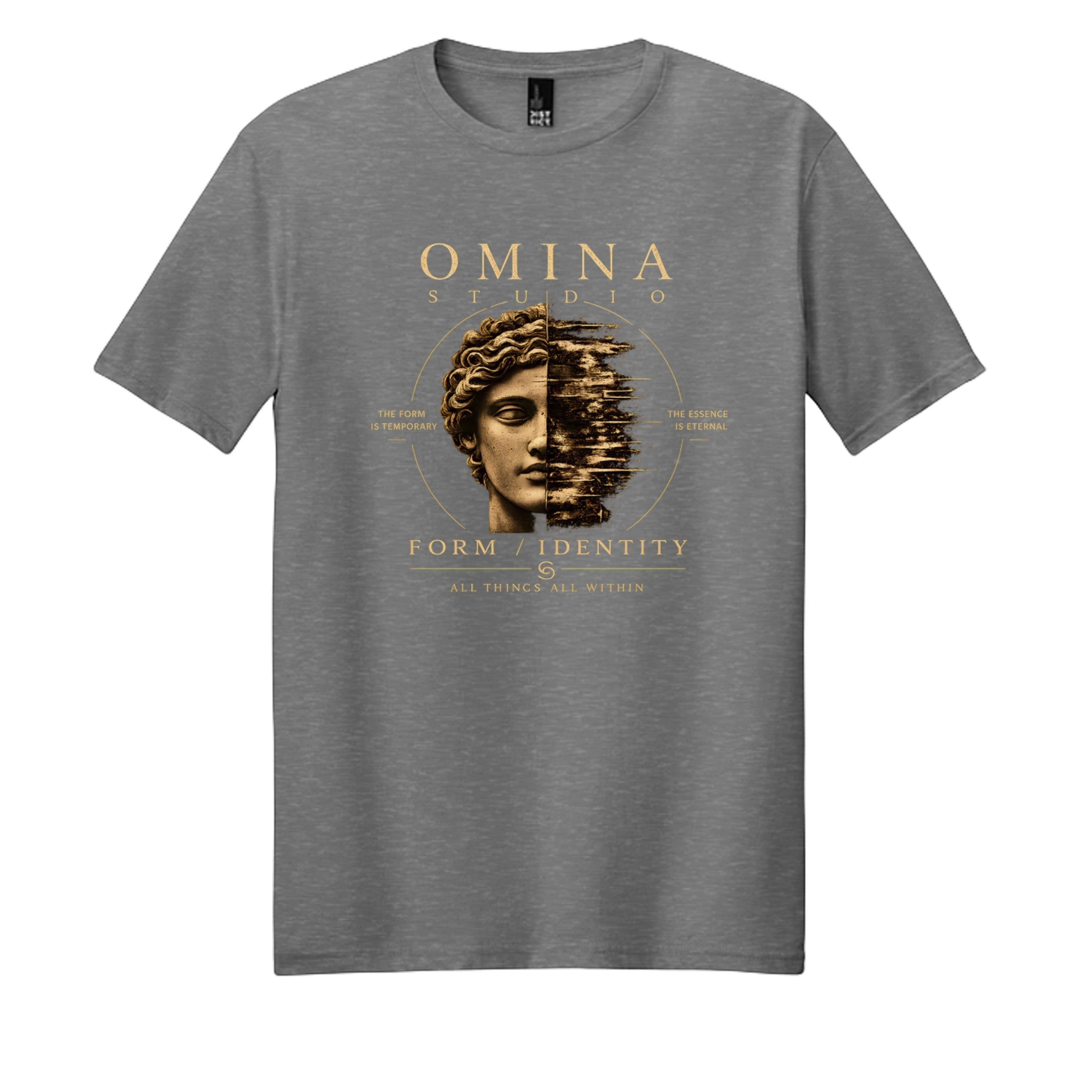 Omina Studio graphic t-shirt with a classical bust split in half, featuring gold text.