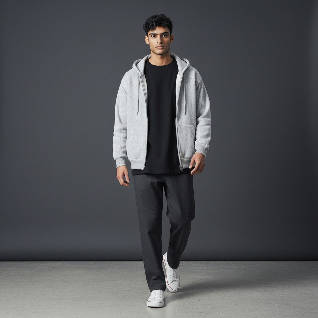 Omina grey boxy fleece zip hoodie with drop shoulders worn by a male model over a black t-shirt and dark trousers.