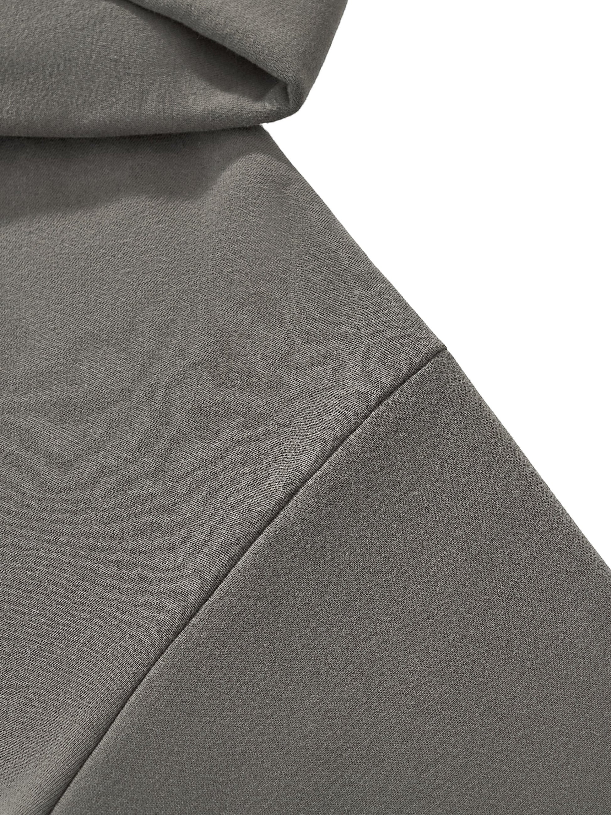 Omina grey fleeced boxy hoodie with drop shoulders and ribbed cuffs and hem. Soft brushed fleece interior.