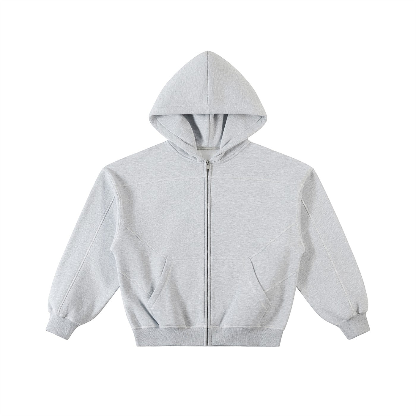 Omina grey boxy zip-up hoodie with drop shoulders, contrast stitching, and front pockets in a thick cotton blend