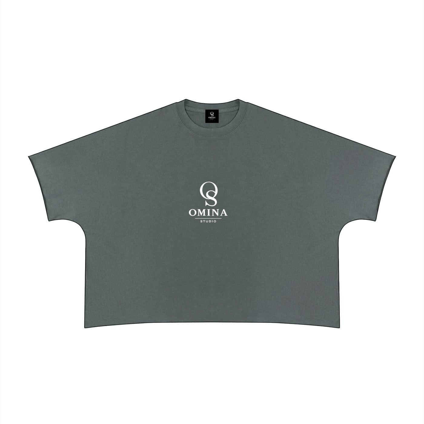 Omina unisex heavyweight grey 100% cotton t-shirt with raw edge hem and white logo print on chest.