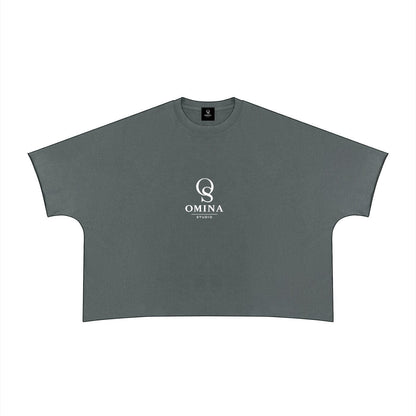 Omina unisex heavyweight grey 100% cotton t-shirt with raw edge hem and white logo print on chest.