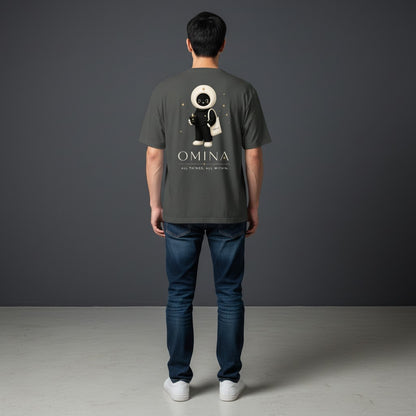 Back view of a man wearing a grey Omina cotton crew neck t-shirt featuring the O mascot graphic and brand text.