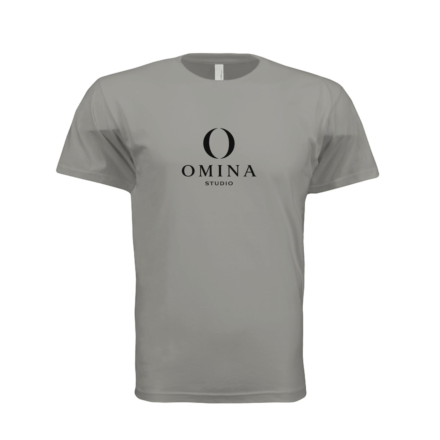 Omina grey unisex crew neck t-shirt featuring the Omina Studio logo and O mascot graphic on the chest.