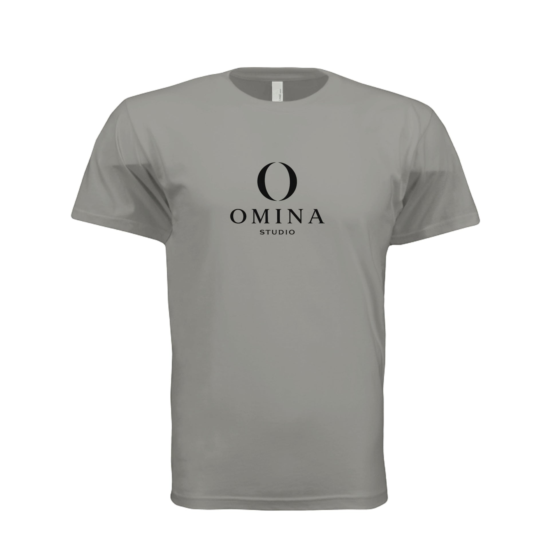 Omina grey unisex crew neck t-shirt featuring the Omina Studio logo and O mascot graphic on the chest.
