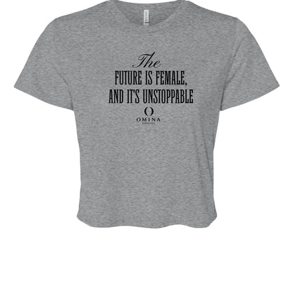 Omina Essentials grey cropped t-shirt with black Future Is Female text graphic and relaxed flowy fit
