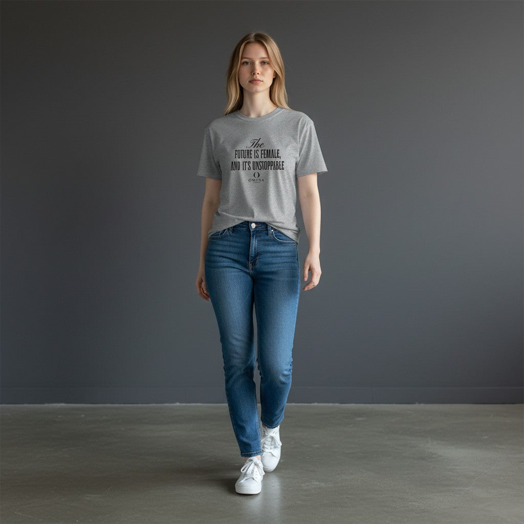 Omina grey cropped tee with Future Is Female graphic print worn by a woman with blue jeans and white sneakers