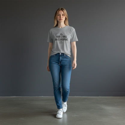Omina grey cropped tee with Future Is Female graphic print worn by a woman with blue jeans and white sneakers