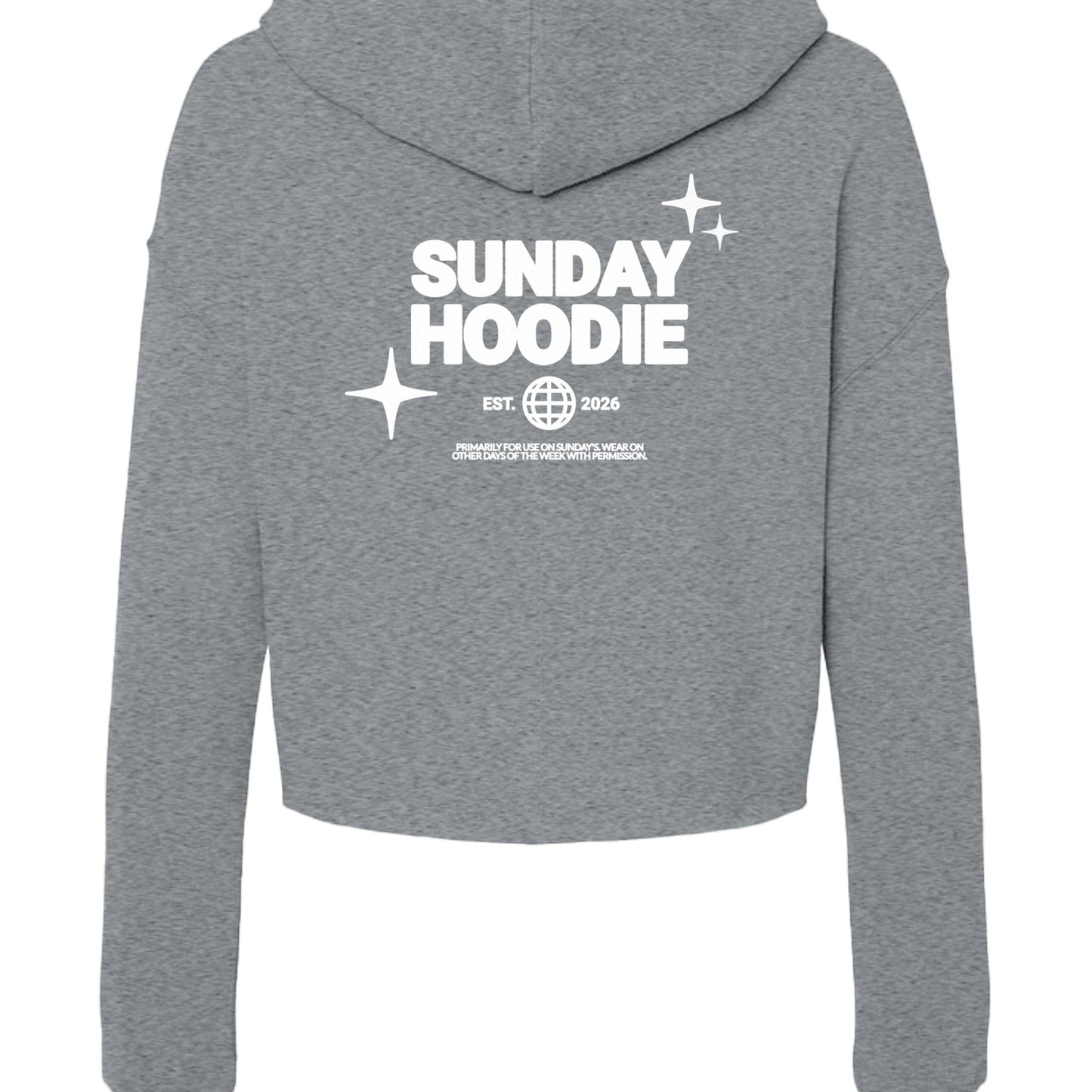 Omina Essentials grey cropped Sunday hoodie with white graphic print on the back featuring a hood and ribbed cuffs