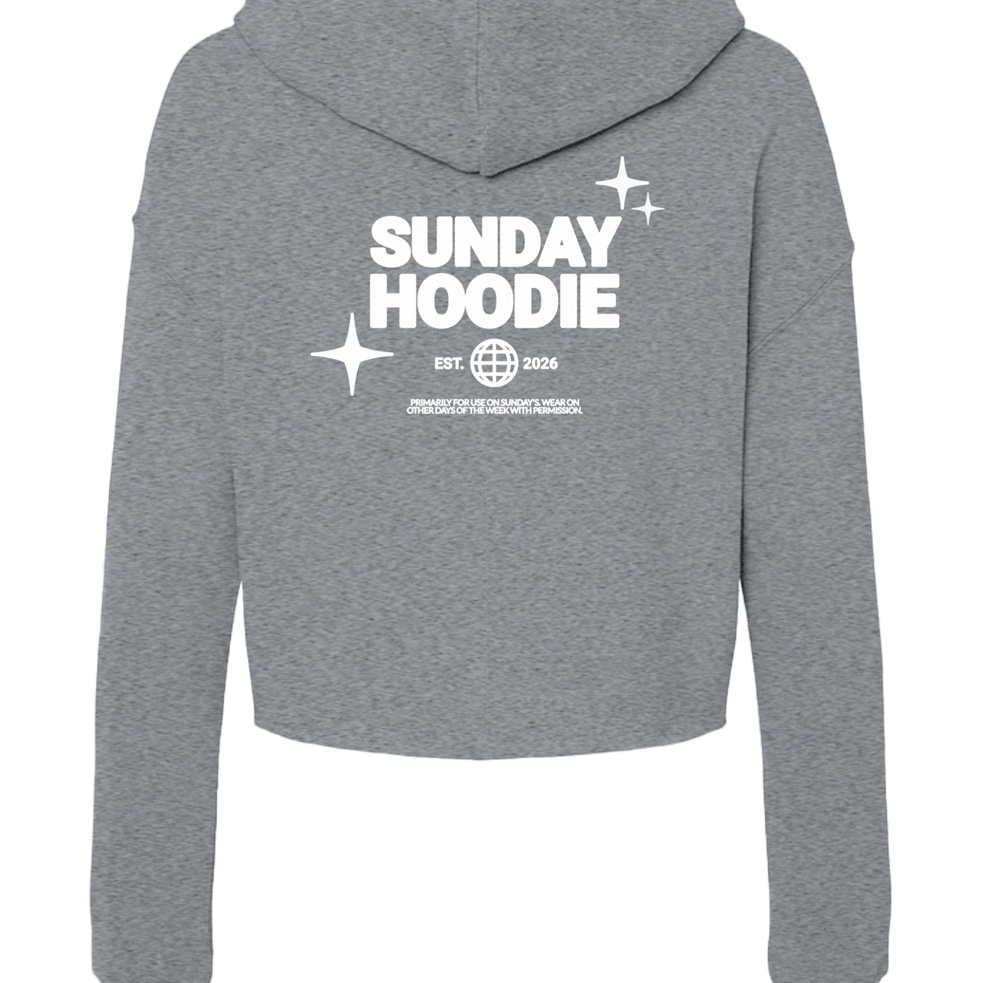 Omina Essentials grey cropped Sunday hoodie with white graphic print on the back featuring a hood and ribbed cuffs