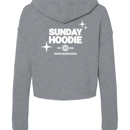 Omina Essentials grey cropped Sunday hoodie with white graphic print on the back featuring a hood and ribbed cuffs