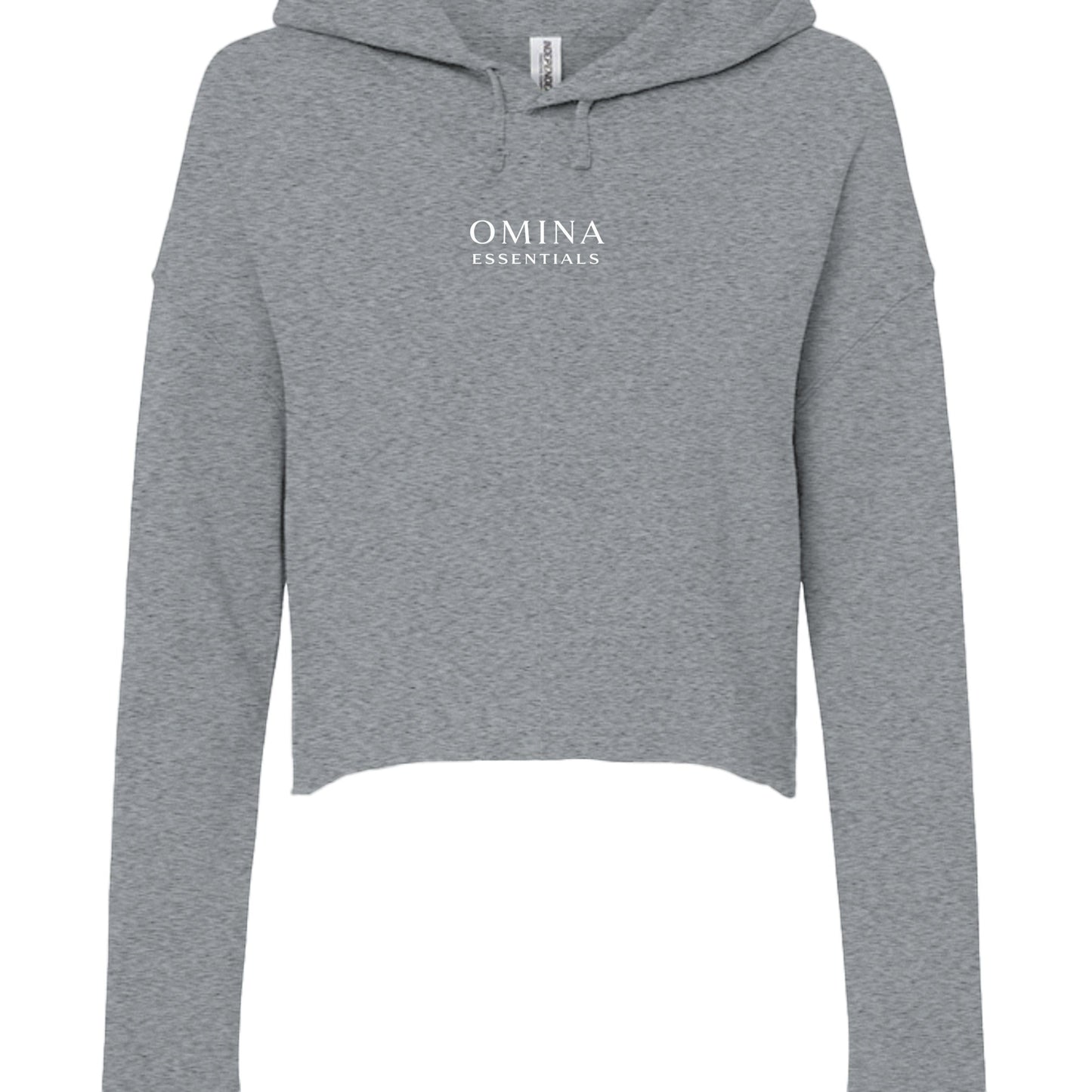 Omina grey cropped Sunday hoodie with long sleeves, flat drawcord, and Omina Essentials logo on the chest.