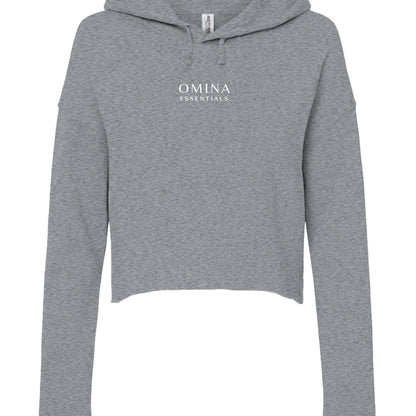 Omina grey cropped Sunday hoodie with long sleeves, flat drawcord, and Omina Essentials logo on the chest.