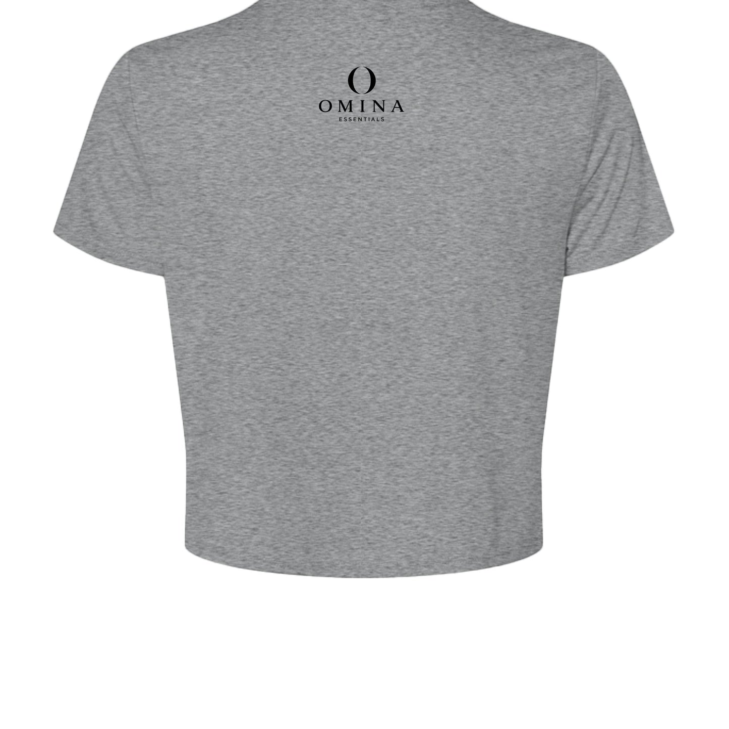 Back view of Omina grey cropped tee featuring a small black Omina Essentials logo at the nape of the neck.
