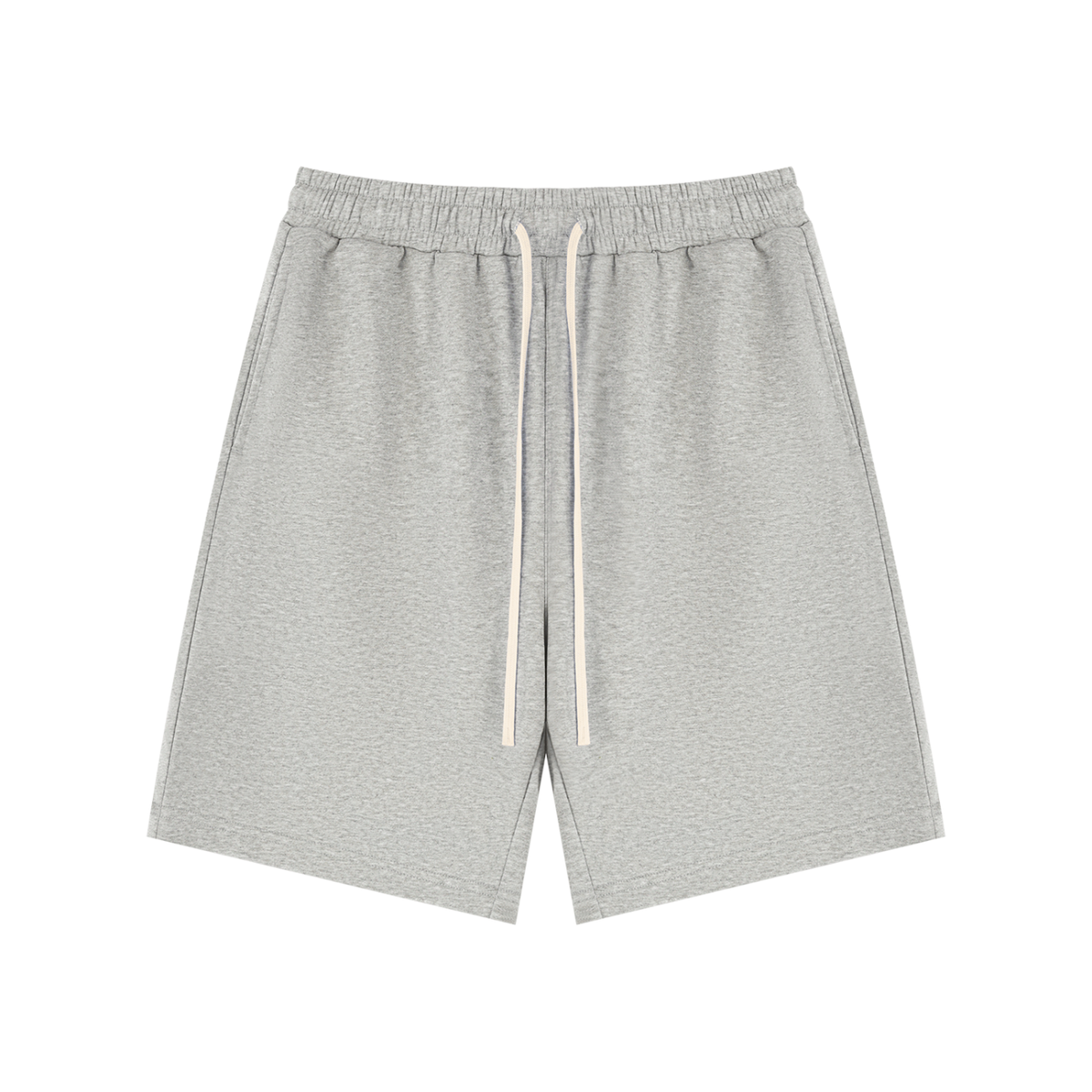 Omina Essentials unisex grey drawstring shorts with a relaxed fit, elastic waistband, and side pockets.