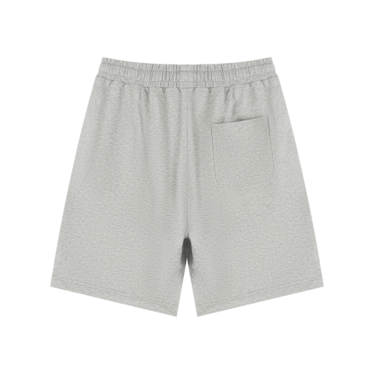 Back view of Omina Essentials unisex grey drawstring shorts with a relaxed fit and a single rear patch pocket.
