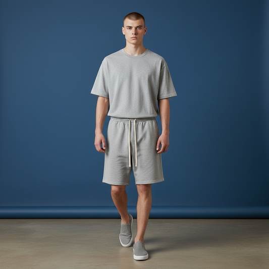 Model wearing Omina Essentials grey unisex drawstring shorts with a matching t-shirt against a blue background