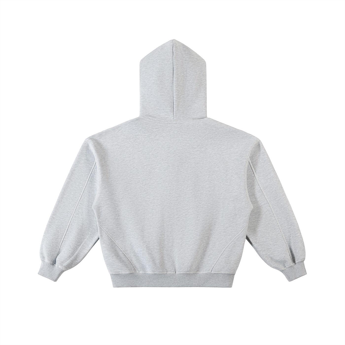 Back view of Omina grey fleece zip hoodie with drop shoulders and contrast stitching in a boxy, loose fit.
