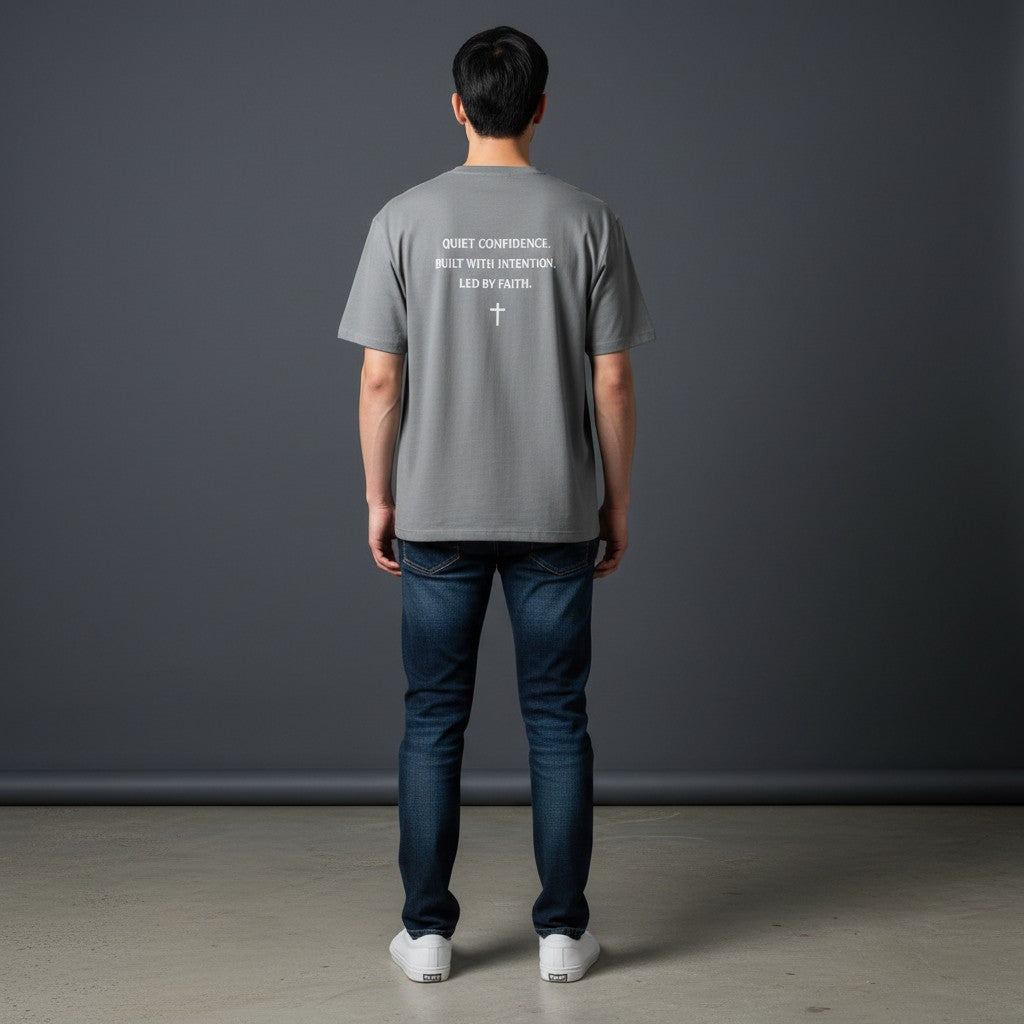 Model wearing a grey Omina heavyweight cotton t-shirt with faith-inspired back graphic and relaxed fit.