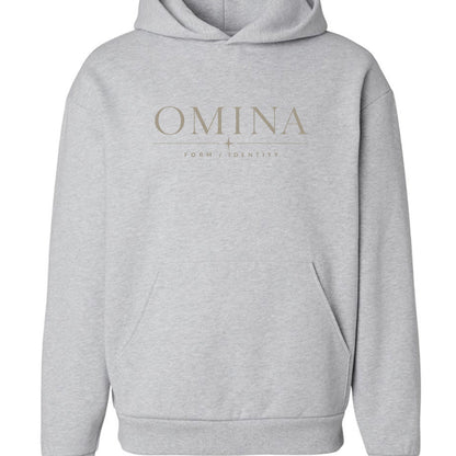 Omina grey cotton blend hoodie with "OMINA FORM / IDENTITY" graphic print on chest.