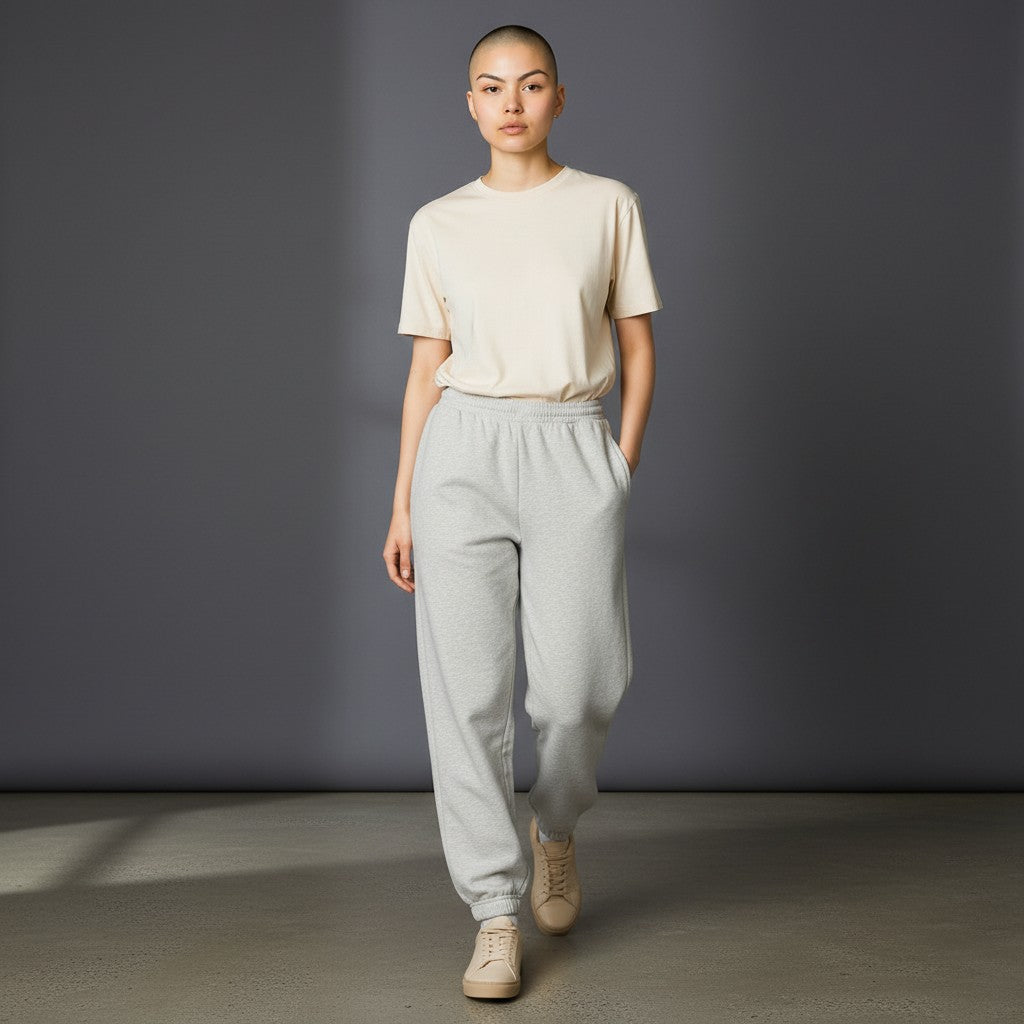 Omina women wearing grey cotton blend jogged sweatpants with an elastic drawstring waist and side pockets