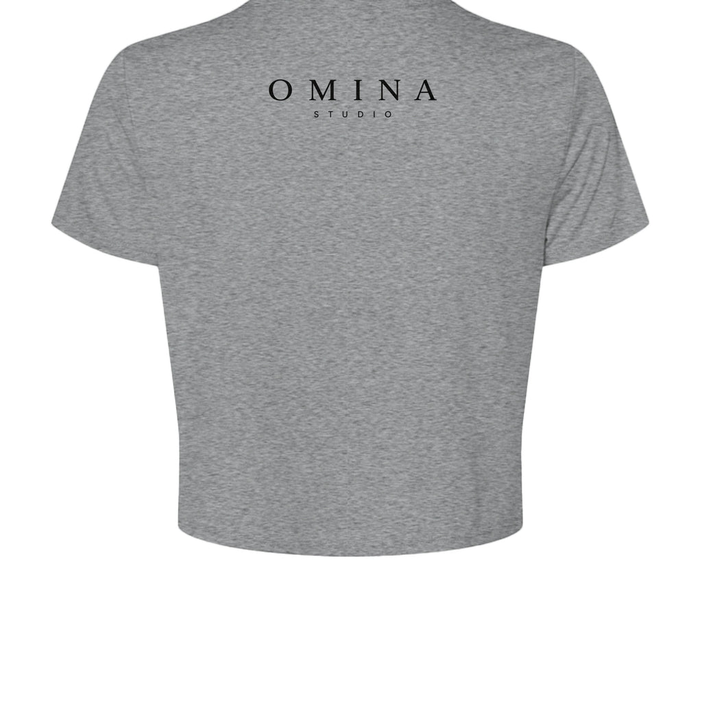 Omina Studio grey cotton crop top with "All Things, All Within" Medusa graphic on front. Short sleeves, crew neck.
