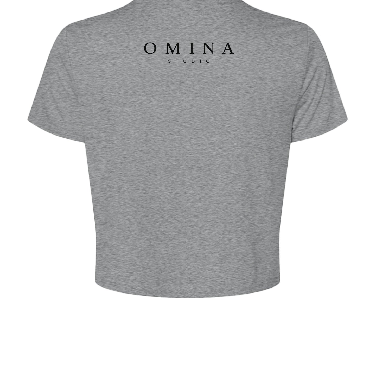 Omina Studio grey cotton crop top with "All Things, All Within" Medusa graphic on front. Short sleeves, crew neck.
