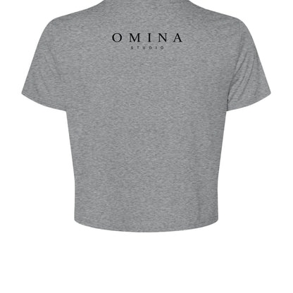 Omina Studio grey cotton crop top with "All Things, All Within" Medusa graphic on front. Short sleeves, crew neck.
