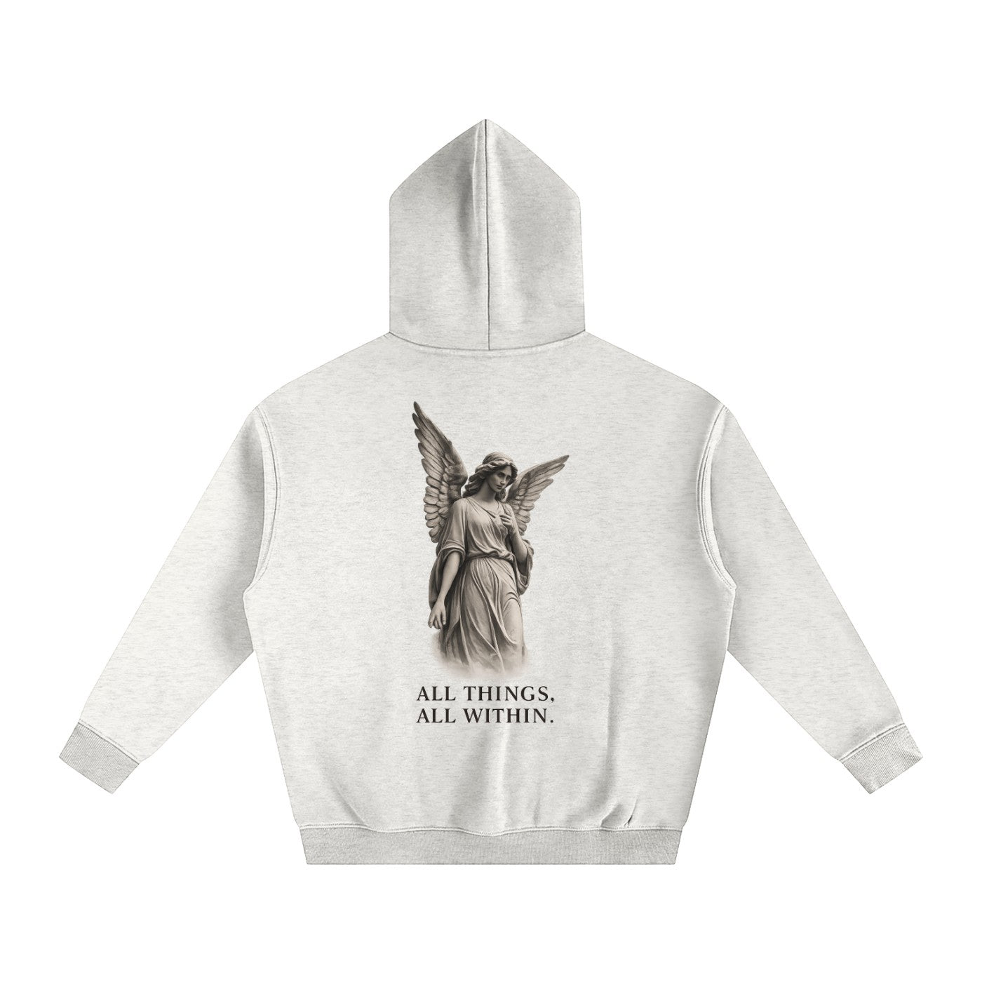 Omina grey oversized fleeced hoodie featuring a back graphic of an angel and the text All Things, All Within.