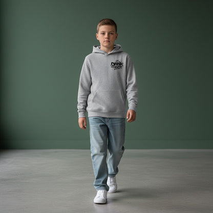 Omina grey heavyweight cotton blend youth hoodie with black graffiti-style logo on chest. Relaxed fit.