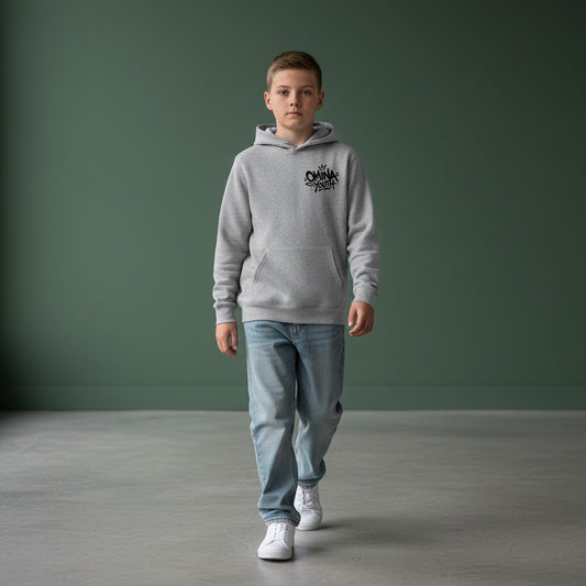 Omina grey heavyweight cotton blend youth hoodie with black graffiti-style logo on chest. Relaxed fit.
