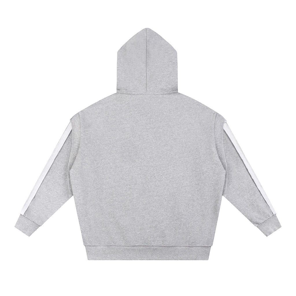 Omina grey cotton-blend zip hoodie with contrast tape detail on sleeves and raw edge finish. Oversized fit.