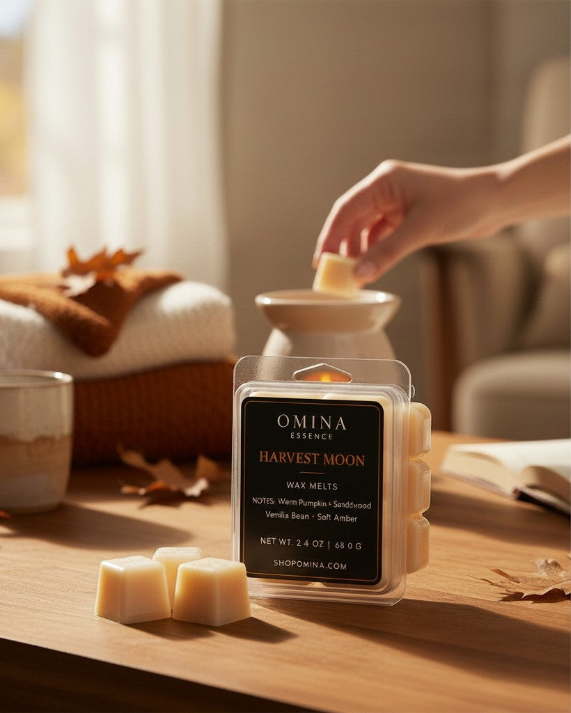 Omina Harvest Moon soy wax melts in a clear clamshell package on a wooden table with a cozy autumn background.