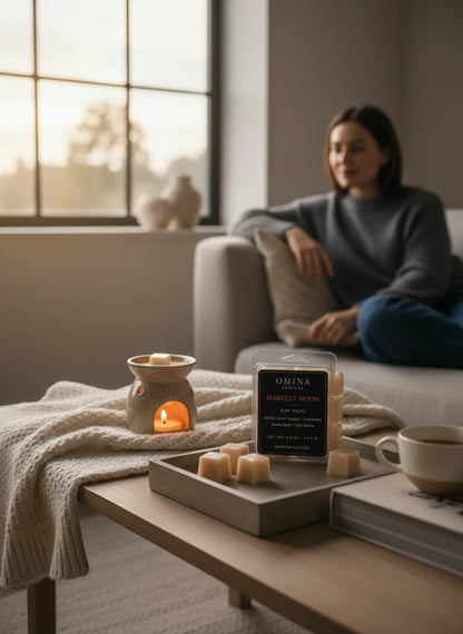 Omina Harvest Moon soy wax melts in a cozy living room with a wax warmer and a woman relaxing on a sofa.