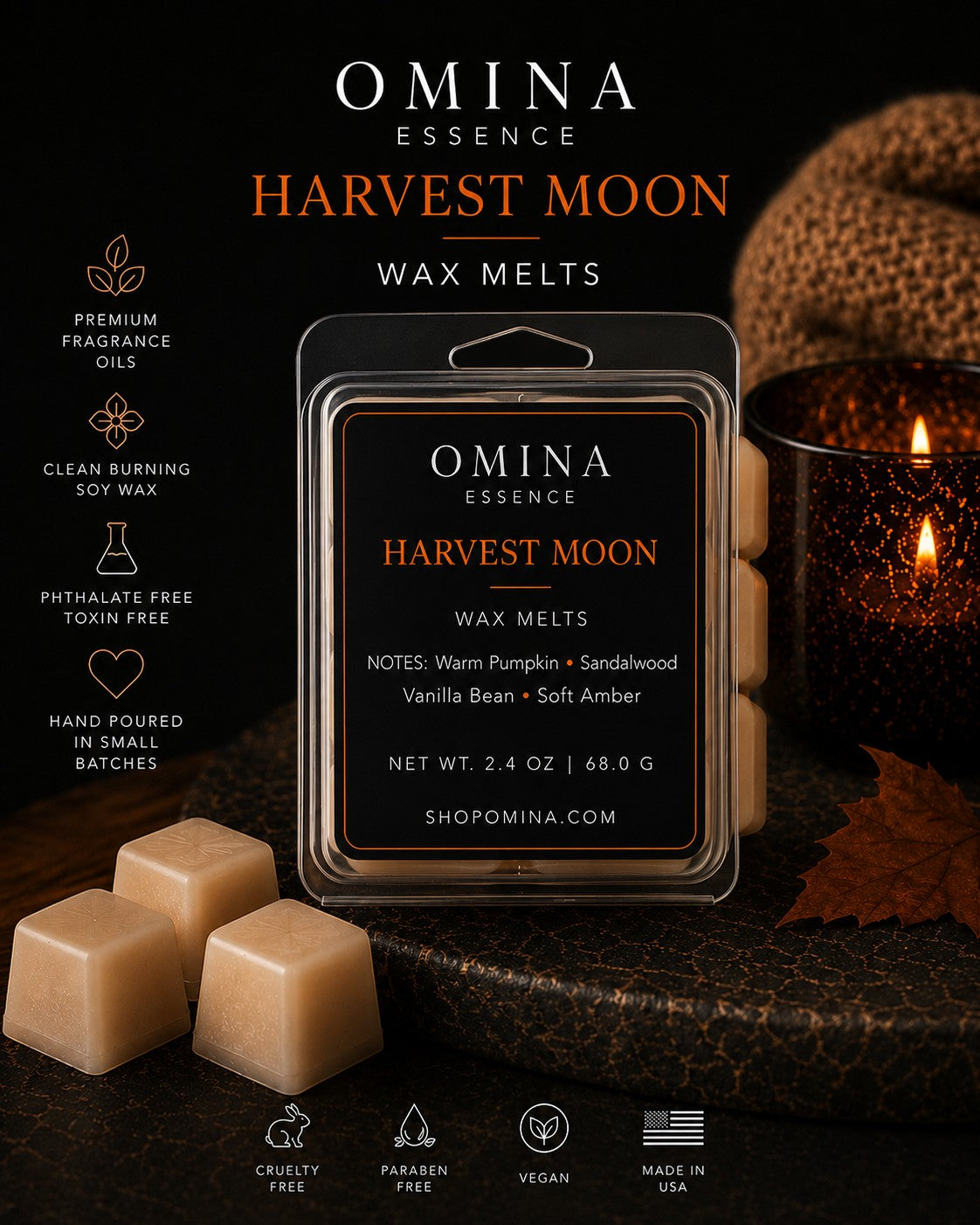 Omina Harvest Moon soy wax melts with notes of pumpkin, sandalwood, vanilla, and amber in a cozy fall setting.