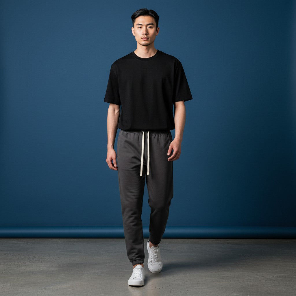 Omina dark grey heavyweight cotton sweatpants with drawstring and ribbed cuffs, relaxed oversized fit.