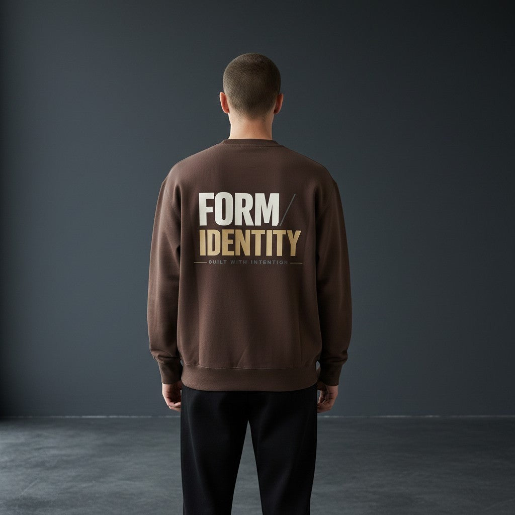 OMINA Studio brown heavyweight cotton sweatshirt with "FORM IDENTITY BUILT WITH INTENTION" graphic on back. Oversized fit.