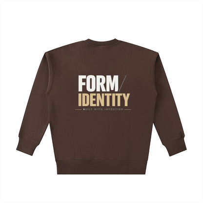 OMINA Studio brown heavyweight cotton sweatshirt with "FORM / IDENTITY - BUILT WITH INTENTION" graphic on back.