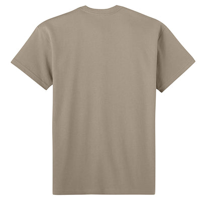 Back view of Omina Blessed, Not Pressed heavyweight cotton t-shirt in a neutral taupe color with a relaxed fit.