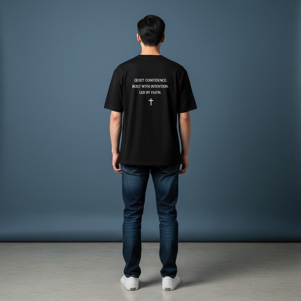 Model wearing Omina black heavyweight cotton t-shirt with faith-inspired back graphic and cross symbol.