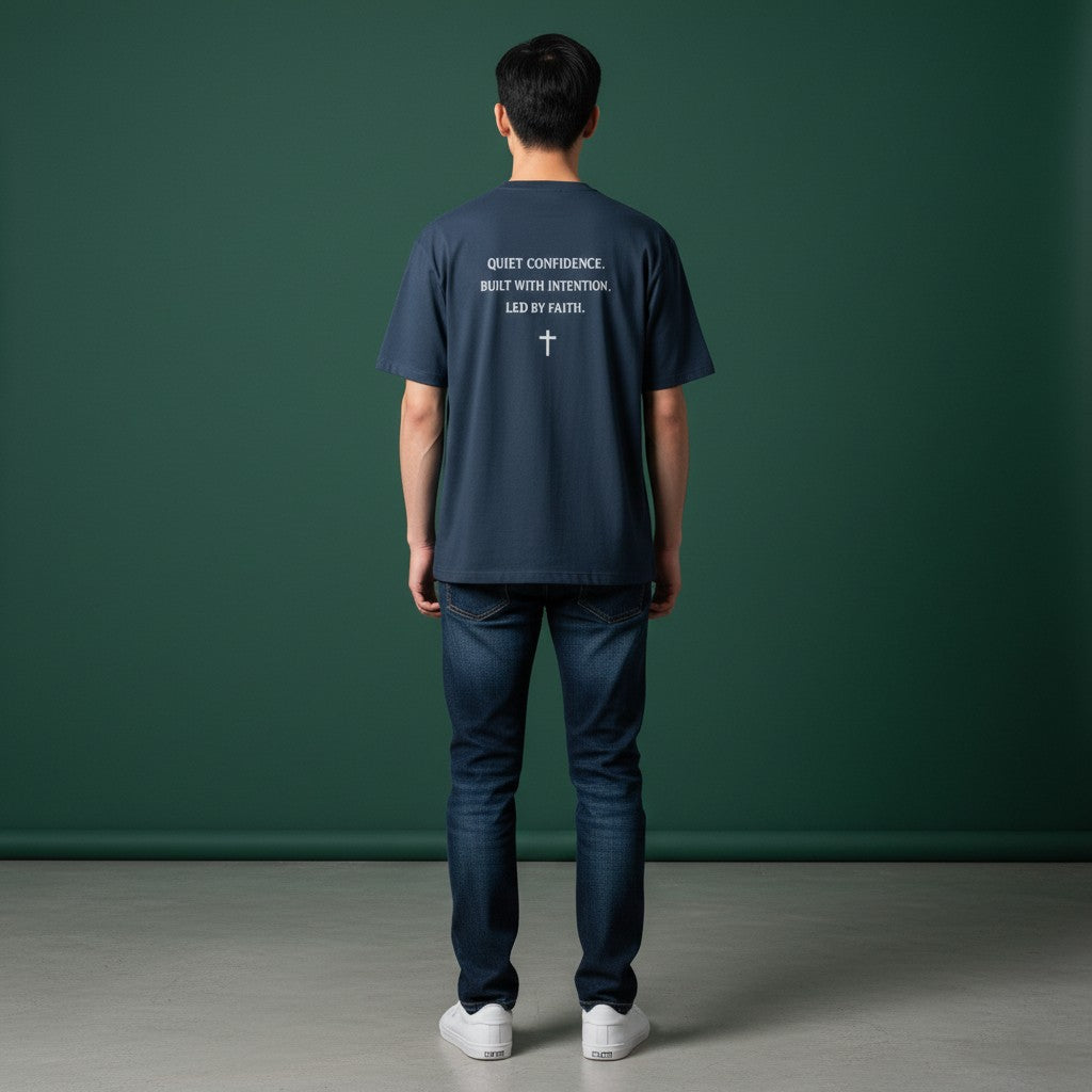 Man wearing a navy Omina heavyweight cotton t-shirt with faith-based text and cross graphic on the back.